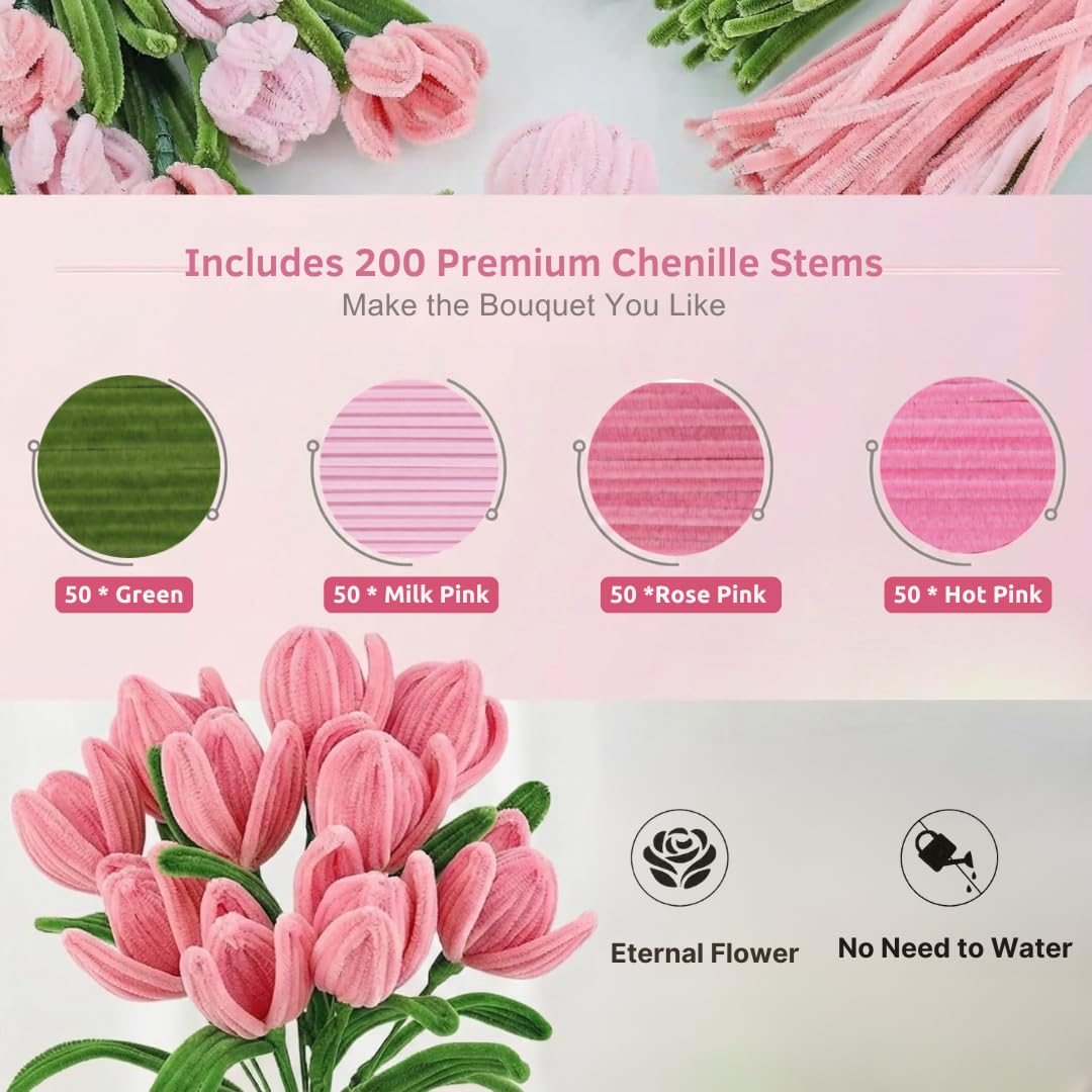 YUNAMI Chenille Stems for DIY Flower Making - 200 Pcs Pipe Cleaners with Floral Wire, Tape, Stamen & Wrapping Paper - Premium Bouquet Supplies for Home Decor & Gifting (Pink)