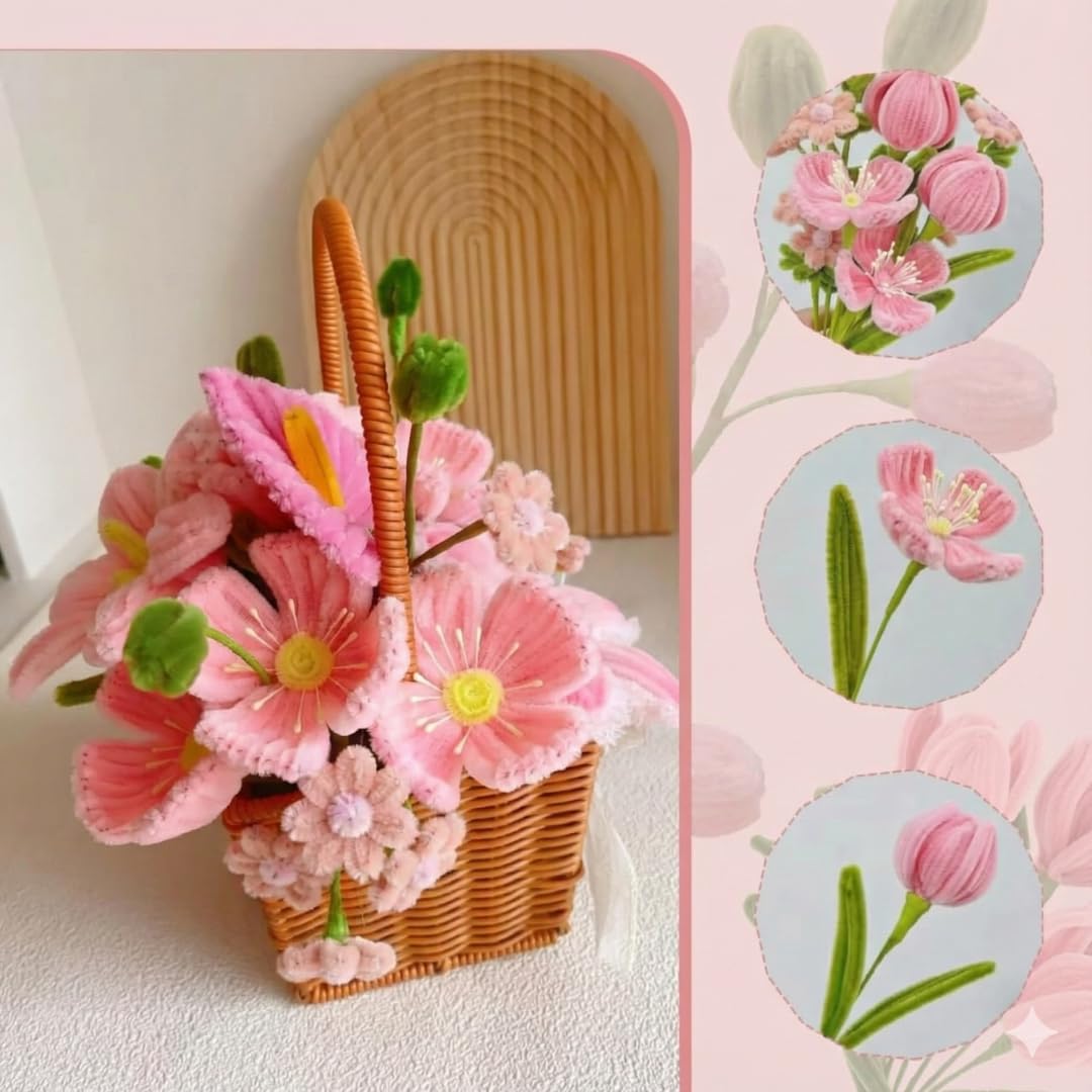 YUNAMI Chenille Stems for DIY Flower Making - 200 Pcs Pipe Cleaners with Floral Wire, Tape, Stamen & Wrapping Paper - Premium Bouquet Supplies for Home Decor & Gifting (Pink)