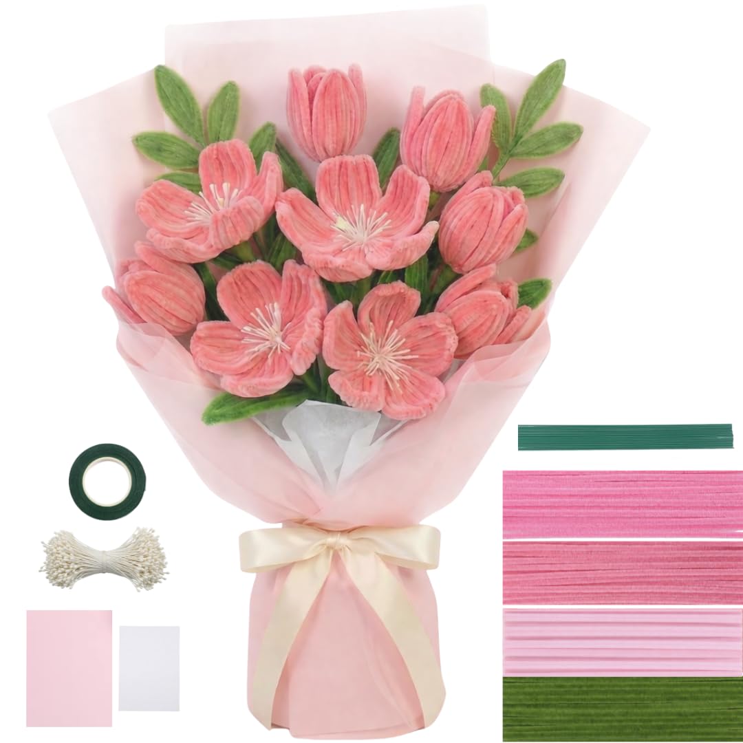 YUNAMI Chenille Stems for DIY Flower Making - 200 Pcs Pipe Cleaners with Floral Wire, Tape, Stamen & Wrapping Paper - Premium Bouquet Supplies for Home Decor & Gifting (Pink)