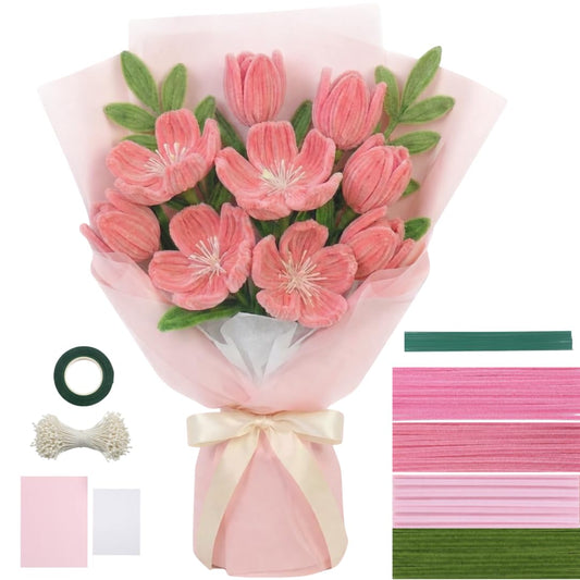 YUNAMI Chenille Stems for DIY Flower Making - 200 Pcs Pipe Cleaners with Floral Wire, Tape, Stamen & Wrapping Paper - Premium Bouquet Supplies for Home Decor & Gifting (Pink)