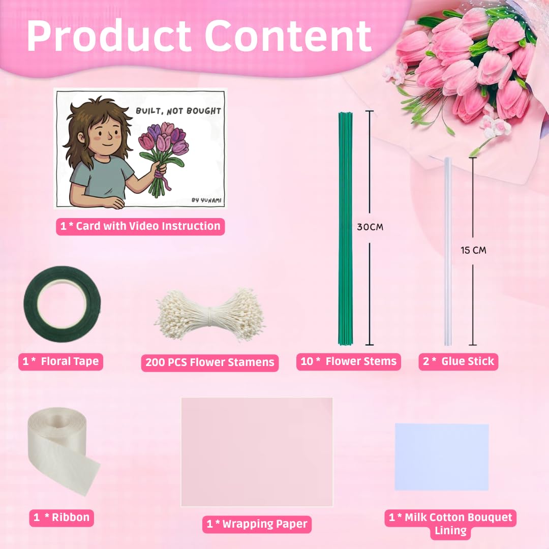YUNAMI Chenille Stems for DIY Flower Making - 200 Pcs Pipe Cleaners with Floral Wire, Tape, Stamen & Wrapping Paper - Premium Bouquet Supplies for Home Decor & Gifting (Pink)
