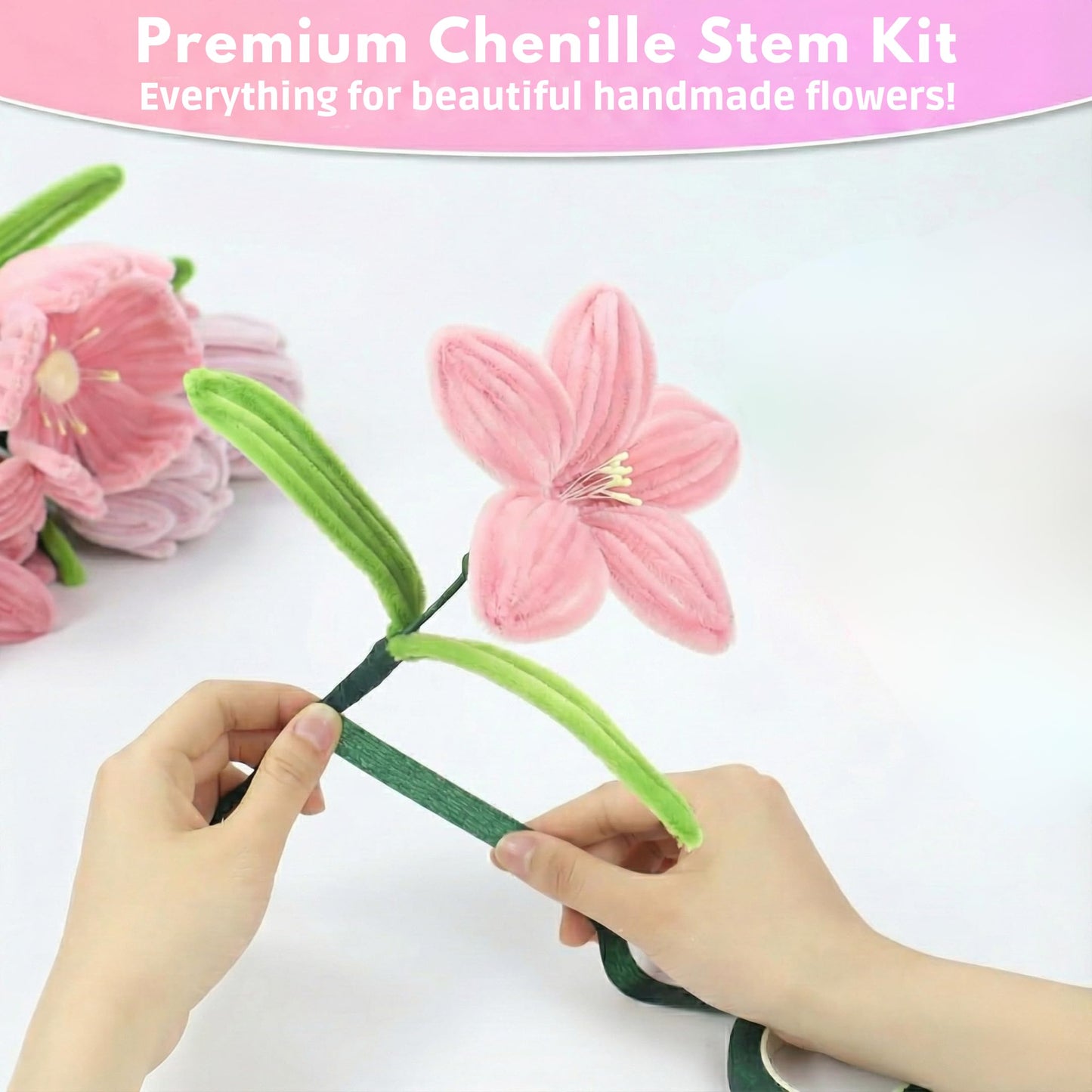 YUNAMI Chenille Stems for DIY Flower Making - 200 Pcs Pipe Cleaners with Floral Wire, Tape, Stamen & Wrapping Paper - Premium Bouquet Supplies for Home Decor & Gifting (Pink)