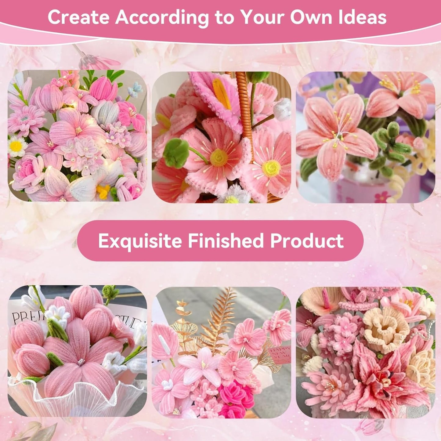 YUNAMI Chenille Stems for DIY Flower Making - 200 Pcs Pipe Cleaners with Floral Wire, Tape, Stamen & Wrapping Paper - Premium Bouquet Supplies for Home Decor & Gifting (Pink)