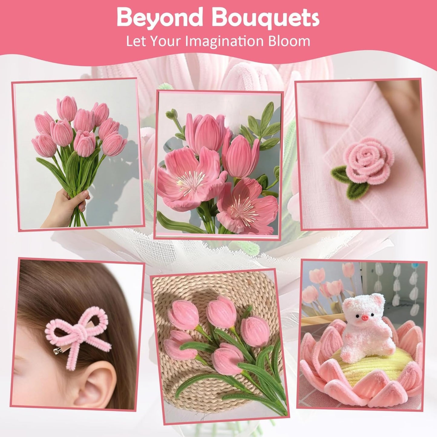 YUNAMI Chenille Stems for DIY Flower Making - 200 Pcs Pipe Cleaners with Floral Wire, Tape, Stamen & Wrapping Paper - Premium Bouquet Supplies for Home Decor & Gifting (Pink)