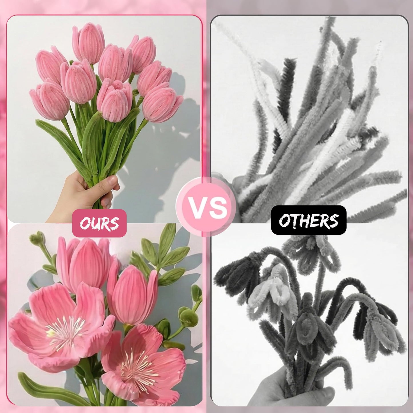 YUNAMI Chenille Stems for DIY Flower Making - 200 Pcs Pipe Cleaners with Floral Wire, Tape, Stamen & Wrapping Paper - Premium Bouquet Supplies for Home Decor & Gifting (Pink)
